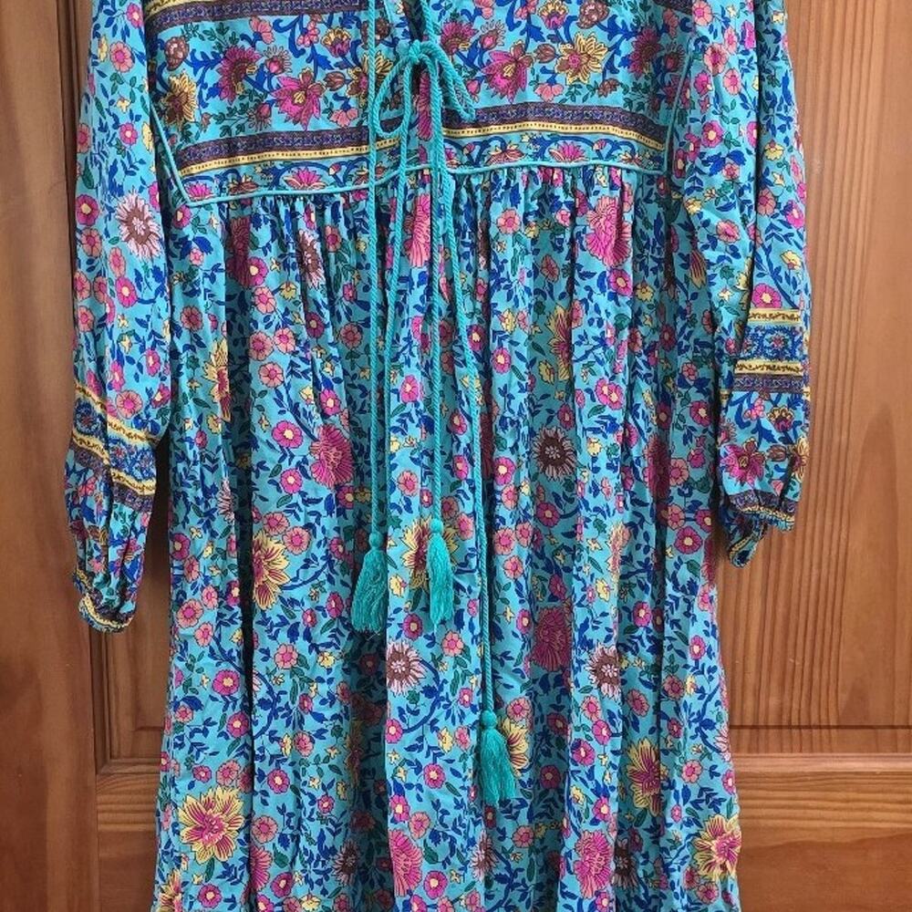 R.Vivimos Women's Floral Print Boho V Neck Tassel Midi Dress Teal Size M